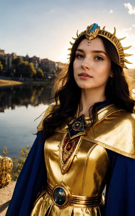 (perfect adorable face:1.3), (clothed, masterpiece, wide angle, cinematic establishing shot, young adult european woman, highly detailed background:1.2), volumetric lighting, subsurface scattering, dynamic pose, (special effects, color grading, fantasy aura), (Sun Priestess:1.4), (Medium Covered Breasts:0.81), Golden sunrise, radiant headdress, sunbeam cloak, divine staff