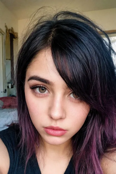 she takes her first selfie, Enterprising 19yo emo girl, (from 2008:0.6), pouted mouth, retro vibes, dark, messy hair, [two toned black | pink haircolor:15], emotional, (over the top, dark heavy makeup:0.9), (rebellious:0.7), fine texture, incredibly lifelike, grainy, overexposed, (Vividly Captured, Utterly Distinct:0.47), (shot on first iphone, Remarkably Clear:0.49), <lora:add_detail:0.7>