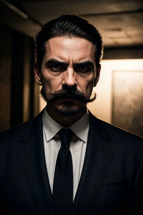 (8k, RAW photo, highest quality), (extremely detailed), masterpiece, best quality, highres, Malevolent mastermind, sharp features, twisted mustache, tailored suit, cold expression, secret lair, dramatic shadows, ominous background, cinematic composition, perfect lighting, perfect shading