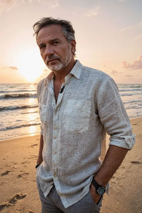 Middle-aged man, beachside locale, linen shirt, (groomed:0.5), sunset silhouette, rolled-up sleeves, sand underfoot, casual sophistication, tousled hair, wristwatch accent, (laid-back charisma:0.7), perfect lighting, perfect shading
