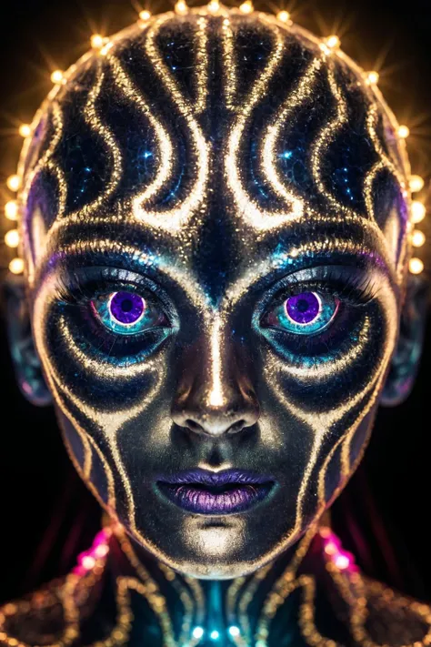 (8k, RAW photo, highest quality), hyperrealistic abstract style portrait of an otherworldly being with metallic skin, glowing orbs for eyes, and intricate fractal patterns emanating from their face, non-representational, colors and shapes, expression of feelings, imaginative, highly detailed