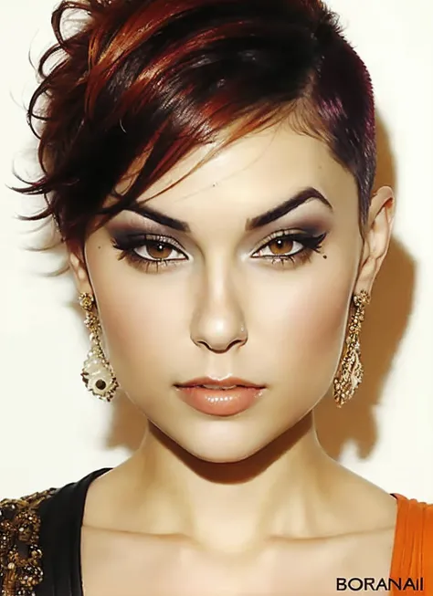 portrait of sks woman by Flora Borsi, style by Flora Borsi, bold, bright colours, orange Mohawk haircut, ((Flora Borsi)), <lora:locon_sasha_v1_from_v1_64_32:1.25>