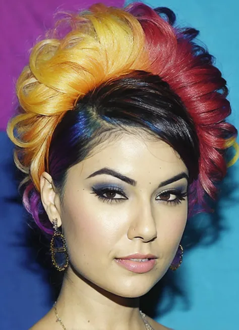 portrait of sks woman by Flora Borsi, style by Flora Borsi, bold, bright colours, rainbow Mohawk haircut, ((Flora Borsi)), <lora:locon_sasha_v1_from_v1_64_32:1.25>