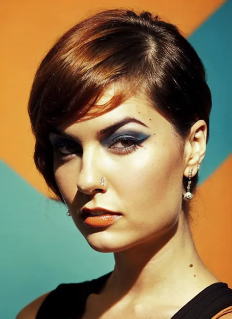 analog style, modelshoot style, portrait of sks woman by Flora Borsi, style by Flora Borsi, bold, bright colours, orange Mohawk haircut, ((Flora Borsi)), <lora:locon_sasha_v1_from_v1_64_32:1.25>