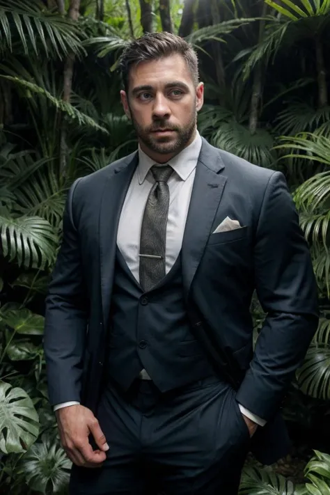 <lora:BoltXXX_-_Derek_Bolt:0.7> BoltXXX, handsome man wearing a suit and tie, in a jungle, looking at the viewer, medium shot