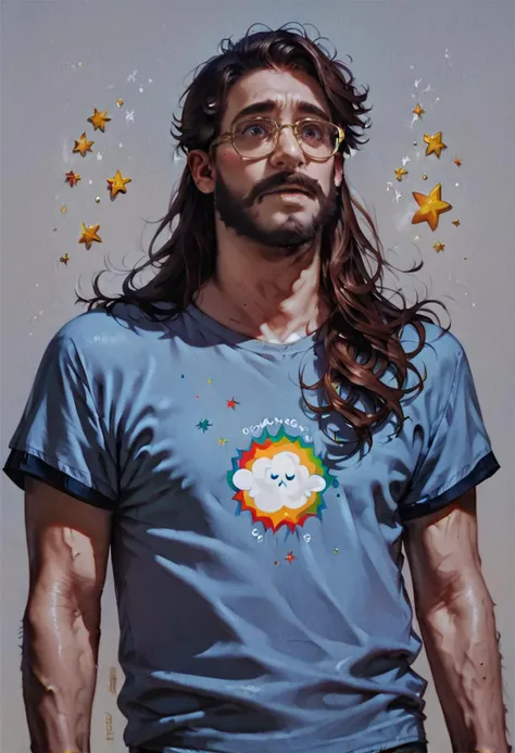 <lora:MilfredPXL:1> 1boy, geek, wearing a space invader T-shirt