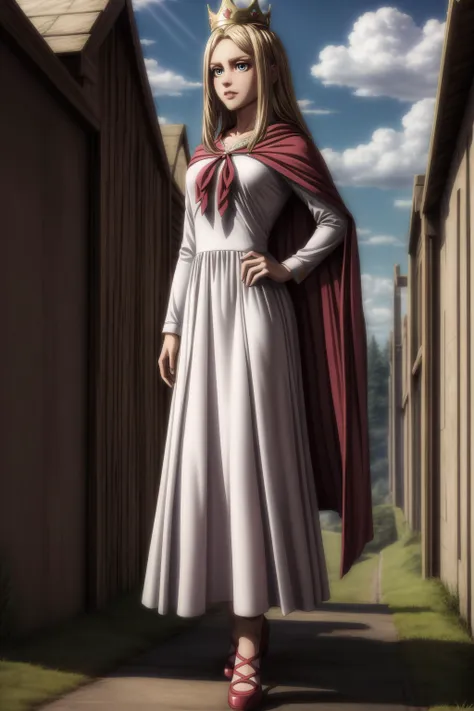 (masterpiece, best quality), <lora:historia reiss-lora-Faxtron:0.8> historia reiss, long hair, medium breasts, white dress, red cape, fur trim, crown, shoes,
<lora:add_detail:0.8>