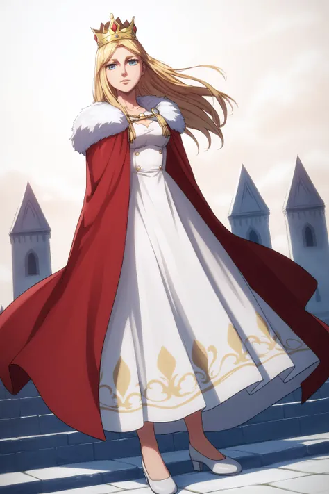 score_9, score_8_up, score_7_up, BREAK source_anime, <lora:historia reiss-PonyXL-lora-Faxtron:0.8> historia reiss, blue eyes, blonde hair, long hair, medium breasts, long white dress, red cape, fur trim, crown, white shoes,