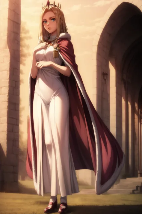 (masterpiece, best quality), <lora:historia reiss-lora-Faxtron:0.8> historia reiss, long hair, medium breasts, white dress, red cape, fur trim, crown, shoes,
<lora:add_detail:0.8>