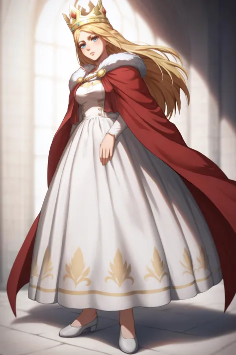 score_9, score_8_up, score_7_up, BREAK source_anime, <lora:historia reiss-PonyXL-lora-Faxtron:0.8> historia reiss, blue eyes, blonde hair, long hair, medium breasts, long white dress, red cape, fur trim, crown, white shoes,