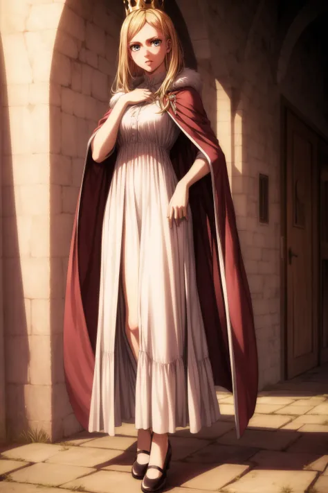 (masterpiece, best quality), <lora:historia reiss-lora-Faxtron:0.8> historia reiss, long hair, medium breasts, white dress, red cape, fur trim, crown, shoes,
<lora:add_detail:0.8>