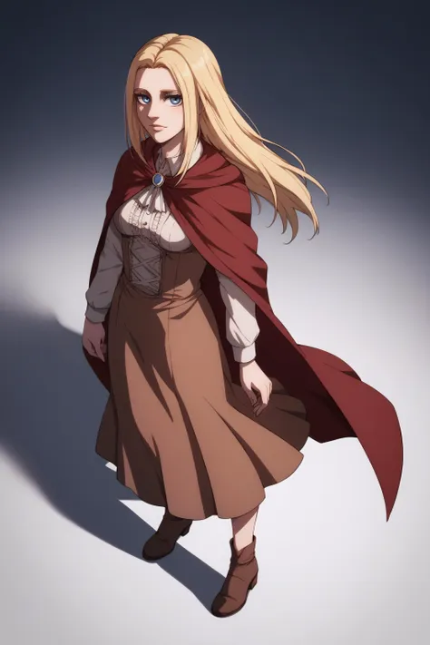 score_9, score_8_up, score_7_up, BREAK source_anime, <lora:historia reiss v2-PonyXL-lora-Faxtron:0.8> historia reiss, blue eyes, blonde hair, long hair, medium breasts, long brown dress, red cape, shoes,