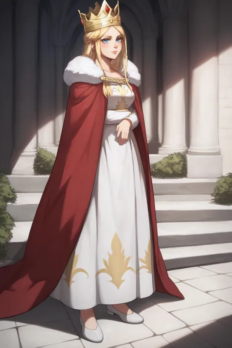 score_9, score_8_up, score_7_up, BREAK source_anime, <lora:historia reiss-PonyXL-lora-Faxtron:0.8> historia reiss, blue eyes, blonde hair, long hair, medium breasts, long white dress, red cape, fur trim, crown, white shoes,