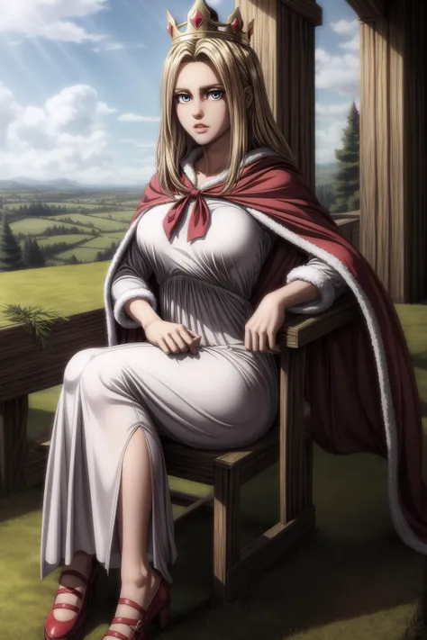 (masterpiece, best quality), <lora:historia reiss-lora-Faxtron:0.8> historia reiss, long hair, medium breasts, white dress, red cape, fur trim, crown, shoes,
<lora:add_detail:0.8>