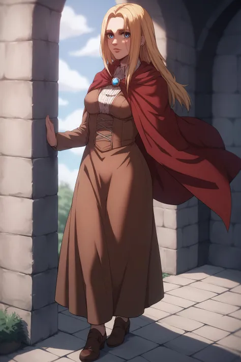 score_9, score_8_up, score_7_up, BREAK source_anime, <lora:historia reiss v2-PonyXL-lora-Faxtron:0.8> historia reiss, blue eyes, blonde hair, long hair, medium breasts, long brown dress, red cape, shoes,