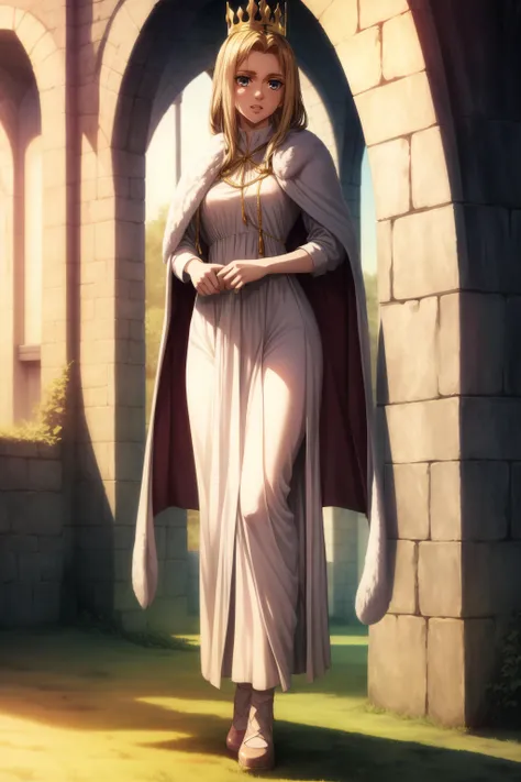 (masterpiece, best quality), <lora:historia reiss-lora-Faxtron:0.8> historia reiss, long hair, medium breasts, white dress, red cape, fur trim, crown, shoes,
<lora:add_detail:0.8>