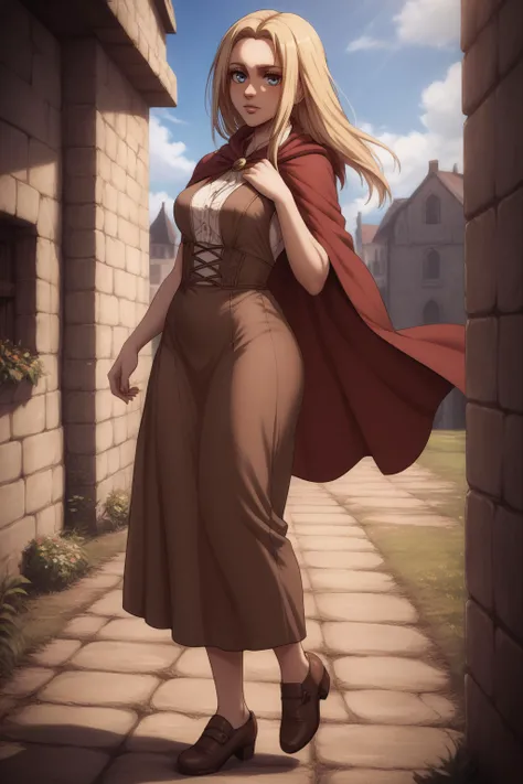 score_9, score_8_up, score_7_up, BREAK source_anime, <lora:historia reiss v2-PonyXL-lora-Faxtron:0.8> historia reiss, medium breasts, long brown dress, red cape, shoes,