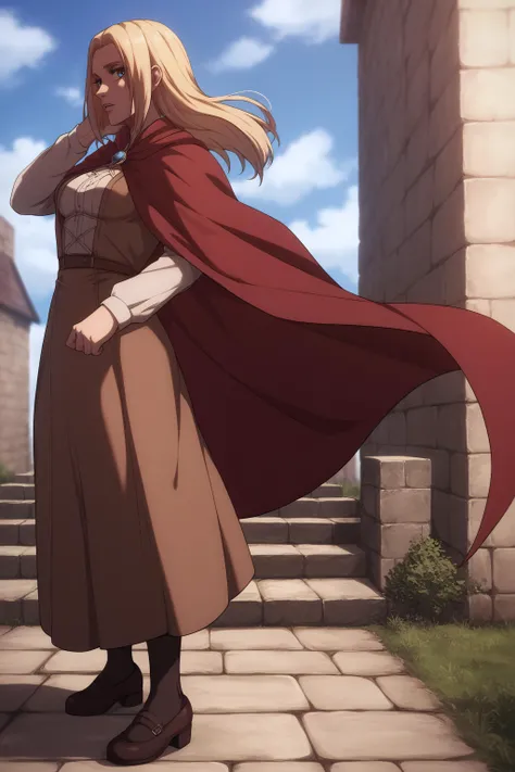 score_9, score_8_up, score_7_up, BREAK source_anime, <lora:historia reiss v2-PonyXL-lora-Faxtron:0.8> historia reiss, medium breasts, long brown dress, red cape, shoes,