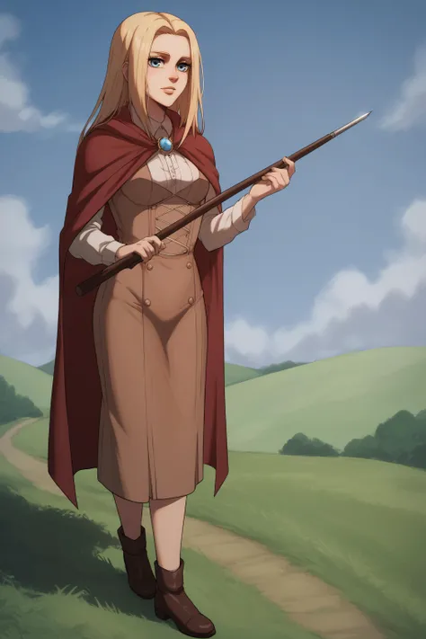 score_9, score_8_up, score_7_up, BREAK source_anime, <lora:historia reiss v2-PonyXL-lora-Faxtron:0.8> historia reiss, medium breasts, long brown dress, red cape, shoes,