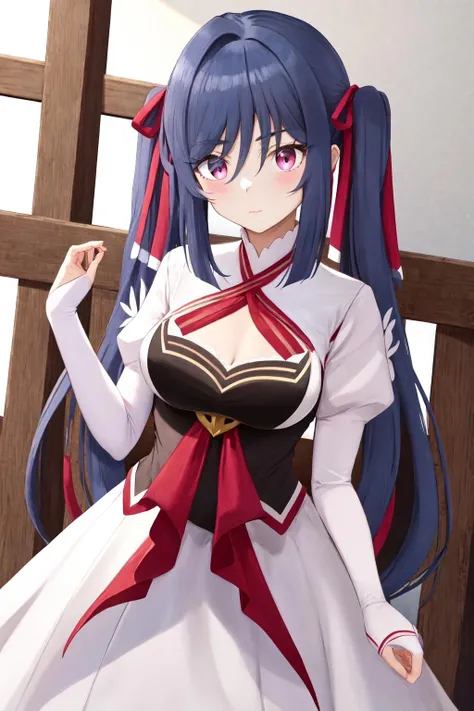 masterpiece, best quality, highres, 1girl zenovia marden twintails hair ribbon, white dress clothing cutout white sleeves red ribbon black vest <lora:zenovia_marden:1>