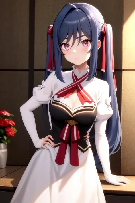 masterpiece, best quality, highres, 1girl zenovia marden twintails hair ribbon, white dress clothing cutout white sleeves red ribbon black vest <lora:zenovia_marden:1>