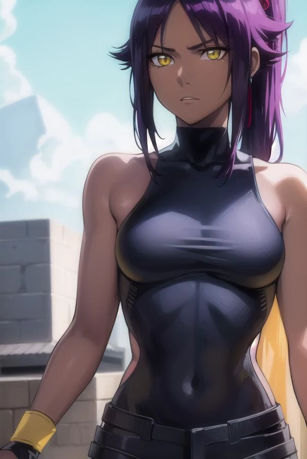 yoruichishihouin, <lora:yoruichishihouin-lora-nochekaiser:1>,
yoruichi shihouin, long hair, (yellow eyes:1.5), ponytail, purple hair, dark skin, dark-skinned female,
BREAK bodysuit, black bodysuit, bare arms, bare shoulders, sideboob,
BREAK outdoors,
BREAK looking at viewer, (cowboy shot:1.5),
BREAK <lyco:GoodHands-beta2:1>, (masterpiece:1.2), best quality, high resolution, unity 8k wallpaper, (illustration:0.8), (beautiful detailed eyes:1.6), extremely detailed face, perfect lighting, extremely detailed CG, (perfect hands, perfect anatomy),