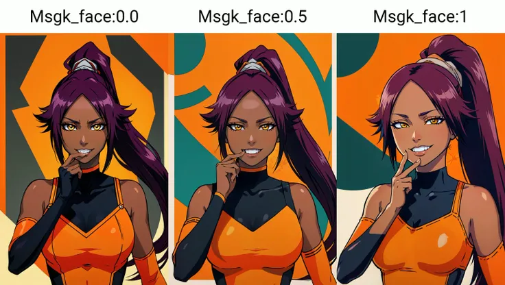 (masterpiece, best quality), intricate details,
1girl, <lora:yoruichishihouin-lora-nochekaiser:0.8> yoruichi shihouin, long hair, (yellow eyes:1.5), ponytail, purple hair, dark skin, dark-skinned female,, bodysuit, black bodysuit, bodysuit under clothes, (orange shirt:1.5), long sleeves,, bodysuit, black bodysuit, bare arms, bare shoulders,
<lora:Msgk_face:0.0>grin, :3, upper body, hand to own mouth, looking at viewer, half-closed eyes,