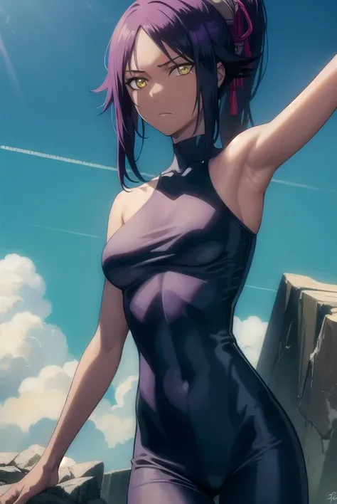 yoruichishihouin, <lora:yoruichishihouin-lora-nochekaiser:1>,
yoruichi shihouin, long hair, (yellow eyes:1.5), ponytail, purple hair, dark skin, dark-skinned female,
BREAK bodysuit, black bodysuit, bare arms, bare shoulders,
BREAK outdoors,
BREAK looking at viewer, (cowboy shot:1.5),
BREAK <lyco:GoodHands-beta2:1>, (masterpiece:1.2), best quality, high resolution, unity 8k wallpaper, (illustration:0.8), (beautiful detailed eyes:1.6), extremely detailed face, perfect lighting, extremely detailed CG, (perfect hands, perfect anatomy),