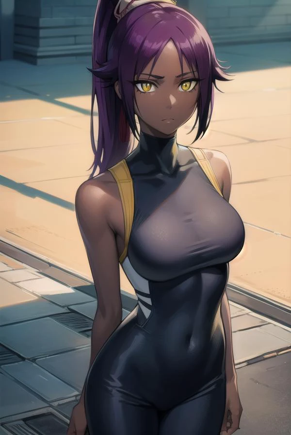 yoruichishihouin, <lora:yoruichishihouin-lora-nochekaiser:1>,
yoruichi shihouin, long hair, (yellow eyes:1.5), ponytail, purple hair, dark skin, dark-skinned female,
BREAK bodysuit, black bodysuit, bare arms, bare shoulders,
BREAK outdoors,
BREAK looking at viewer, (cowboy shot:1.5),
BREAK <lyco:GoodHands-beta2:1>, (masterpiece:1.2), best quality, high resolution, unity 8k wallpaper, (illustration:0.8), (beautiful detailed eyes:1.6), extremely detailed face, perfect lighting, extremely detailed CG, (perfect hands, perfect anatomy),