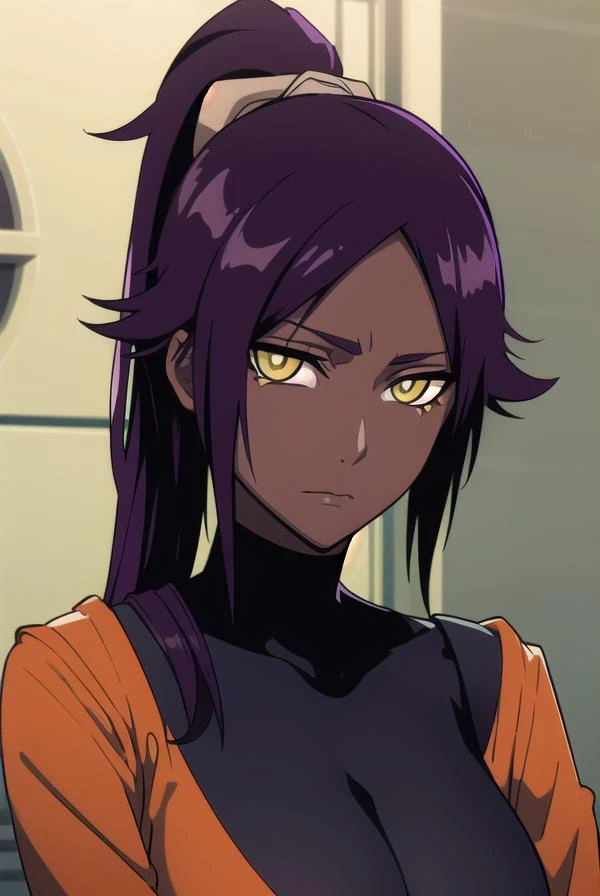 yoruichishihouin, <lora:yoruichishihouinv2-lora-nochekaiser:1>,
yoruichi shihouin, long hair, (yellow eyes:1.5), ponytail, purple hair, dark skin, dark-skinned female,
BREAK bodysuit, black bodysuit, bodysuit under clothes, (orange shirt:1.5), long sleeves,
BREAK outdoors,
BREAK looking at viewer, (cowboy shot:1.5),
BREAK <lyco:GoodHands-beta2:1>, (masterpiece:1.2), best quality, high resolution, unity 8k wallpaper, (illustration:0.8), (beautiful detailed eyes:1.6), extremely detailed face, perfect lighting, extremely detailed CG, (perfect hands, perfect anatomy),