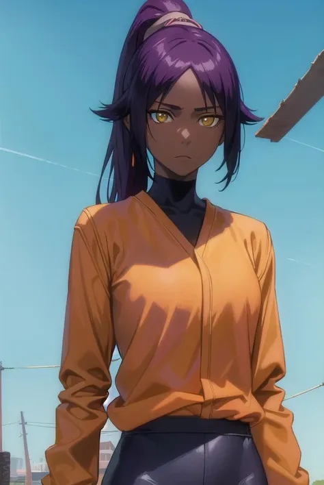 yoruichishihouin, <lora:yoruichishihouin-lora-nochekaiser:1>,
yoruichi shihouin, long hair, (yellow eyes:1.5), ponytail, purple hair, dark skin, dark-skinned female,
BREAK bodysuit, black bodysuit, bodysuit under clothes, shirt, (orange shirt:1.5), long sleeves,
BREAK outdoors,
BREAK looking at viewer, (cowboy shot:1.5),
BREAK <lyco:GoodHands-beta2:1>, (masterpiece:1.2), best quality, high resolution, unity 8k wallpaper, (illustration:0.8), (beautiful detailed eyes:1.6), extremely detailed face, perfect lighting, extremely detailed CG, (perfect hands, perfect anatomy),