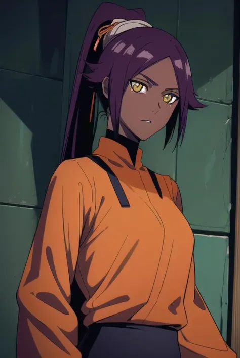 yoruichishihouin, <lora:yoruichishihouinv2-lora-nochekaiser:1>,
yoruichi shihouin, long hair, (yellow eyes:1.5), ponytail, purple hair, dark skin, dark-skinned female,
BREAK bodysuit, black bodysuit, bodysuit under clothes, (orange shirt:1.5), long sleeves,
BREAK outdoors,
BREAK looking at viewer, (cowboy shot:1.5),
BREAK <lyco:GoodHands-beta2:1>, (masterpiece:1.2), best quality, high resolution, unity 8k wallpaper, (illustration:0.8), (beautiful detailed eyes:1.6), extremely detailed face, perfect lighting, extremely detailed CG, (perfect hands, perfect anatomy),