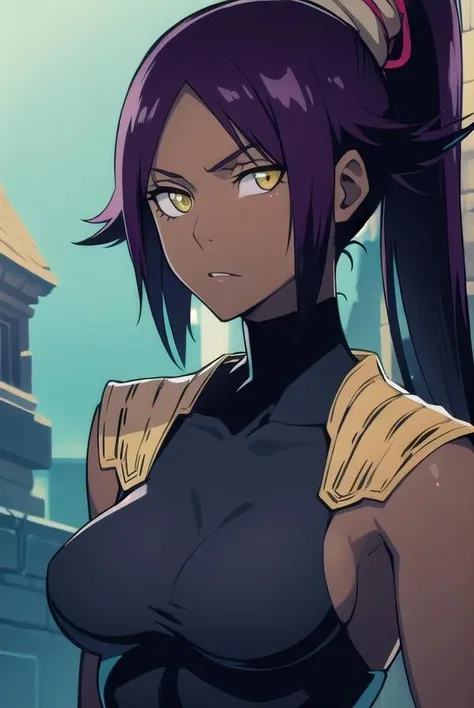 yoruichishihouin, <lora:yoruichishihouinv2-lora-nochekaiser:1>,
yoruichi shihouin, long hair, (yellow eyes:1.5), ponytail, purple hair, dark skin, dark-skinned female,
BREAK bodysuit, black bodysuit, bare arms, bare shoulders, sideboob,
BREAK outdoors,
BREAK looking at viewer, (cowboy shot:1.5),
BREAK <lyco:GoodHands-beta2:1>, (masterpiece:1.2), best quality, high resolution, unity 8k wallpaper, (illustration:0.8), (beautiful detailed eyes:1.6), extremely detailed face, perfect lighting, extremely detailed CG, (perfect hands, perfect anatomy),
