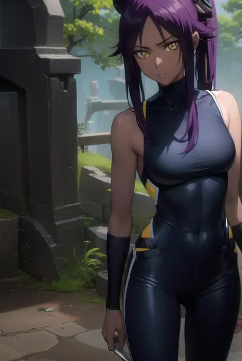 yoruichishihouin, <lora:yoruichishihouin-lora-nochekaiser:1>,
yoruichi shihouin, long hair, (yellow eyes:1.5), ponytail, purple hair, dark skin, dark-skinned female,
BREAK bodysuit, black bodysuit, bare arms, bare shoulders,
BREAK outdoors,
BREAK looking at viewer, (cowboy shot:1.5),
BREAK <lyco:GoodHands-beta2:1>, (masterpiece:1.2), best quality, high resolution, unity 8k wallpaper, (illustration:0.8), (beautiful detailed eyes:1.6), extremely detailed face, perfect lighting, extremely detailed CG, (perfect hands, perfect anatomy),