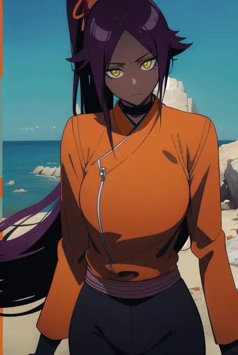 yoruichishihouin, <lora:yoruichishihouinv2-lora-nochekaiser:1>,
yoruichi shihouin, long hair, (yellow eyes:1.5), ponytail, purple hair, dark skin, dark-skinned female,
BREAK bodysuit, black bodysuit, bodysuit under clothes, (orange shirt:1.5), long sleeves,
BREAK outdoors,
BREAK looking at viewer, (cowboy shot:1.5),
BREAK <lyco:GoodHands-beta2:1>, (masterpiece:1.2), best quality, high resolution, unity 8k wallpaper, (illustration:0.8), (beautiful detailed eyes:1.6), extremely detailed face, perfect lighting, extremely detailed CG, (perfect hands, perfect anatomy),