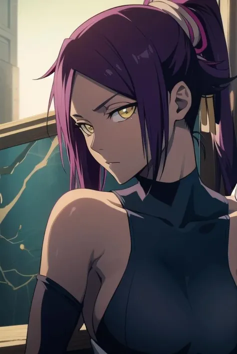 yoruichishihouin, <lora:yoruichishihouinv2-lora-nochekaiser:1>,
yoruichi shihouin, long hair, (yellow eyes:1.5), ponytail, purple hair, dark skin, dark-skinned female,
BREAK bodysuit, black bodysuit, bare arms, bare shoulders, sideboob,
BREAK outdoors,
BREAK looking at viewer, (cowboy shot:1.5),
BREAK <lyco:GoodHands-beta2:1>, (masterpiece:1.2), best quality, high resolution, unity 8k wallpaper, (illustration:0.8), (beautiful detailed eyes:1.6), extremely detailed face, perfect lighting, extremely detailed CG, (perfect hands, perfect anatomy),