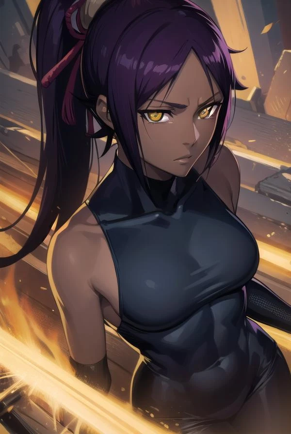 yoruichishihouin, <lora:yoruichishihouin-lora-nochekaiser:1>,
yoruichi shihouin, long hair, (yellow eyes:1.5), ponytail, purple hair, dark skin, dark-skinned female,
BREAK bodysuit, black bodysuit, bare arms, bare shoulders, sideboob,
BREAK outdoors,
BREAK looking at viewer, (cowboy shot:1.5),
BREAK <lyco:GoodHands-beta2:1>, (masterpiece:1.2), best quality, high resolution, unity 8k wallpaper, (illustration:0.8), (beautiful detailed eyes:1.6), extremely detailed face, perfect lighting, extremely detailed CG, (perfect hands, perfect anatomy),