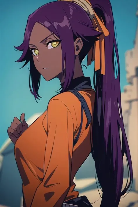 yoruichishihouin, <lora:yoruichishihouinv2-lora-nochekaiser:1>,
yoruichi shihouin, long hair, (yellow eyes:1.5), ponytail, purple hair, dark skin, dark-skinned female,
BREAK bodysuit, black bodysuit, bodysuit under clothes, (orange shirt:1.5), long sleeves,
BREAK outdoors,
BREAK looking at viewer, (cowboy shot:1.5),
BREAK <lyco:GoodHands-beta2:1>, (masterpiece:1.2), best quality, high resolution, unity 8k wallpaper, (illustration:0.8), (beautiful detailed eyes:1.6), extremely detailed face, perfect lighting, extremely detailed CG, (perfect hands, perfect anatomy),