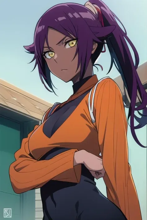 yoruichishihouin, <lora:yoruichishihouinv2-lora-nochekaiser:1>,
yoruichi shihouin, long hair, (yellow eyes:1.5), ponytail, purple hair, dark skin, dark-skinned female,
BREAK bodysuit, black bodysuit, bodysuit under clothes, (orange shirt:1.5), long sleeves,
BREAK outdoors,
BREAK looking at viewer, (cowboy shot:1.5),
BREAK <lyco:GoodHands-beta2:1>, (masterpiece:1.2), best quality, high resolution, unity 8k wallpaper, (illustration:0.8), (beautiful detailed eyes:1.6), extremely detailed face, perfect lighting, extremely detailed CG, (perfect hands, perfect anatomy),
