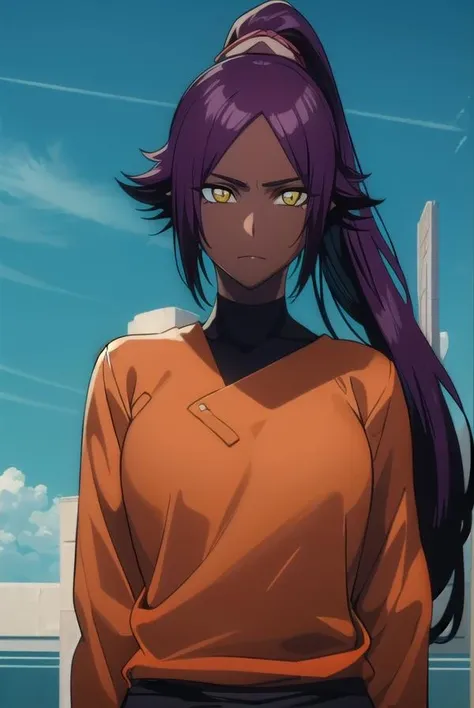 yoruichishihouin, <lora:yoruichishihouinv2-lora-nochekaiser:1>,
yoruichi shihouin, long hair, (yellow eyes:1.5), ponytail, purple hair, dark skin, dark-skinned female,
BREAK bodysuit, black bodysuit, bodysuit under clothes, (orange shirt:1.5), long sleeves,
BREAK outdoors,
BREAK looking at viewer, (cowboy shot:1.5),
BREAK <lyco:GoodHands-beta2:1>, (masterpiece:1.2), best quality, high resolution, unity 8k wallpaper, (illustration:0.8), (beautiful detailed eyes:1.6), extremely detailed face, perfect lighting, extremely detailed CG, (perfect hands, perfect anatomy),