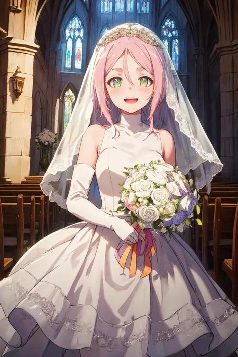 masterpiece,best quality,highres,ultra-detailed,(wedding dress:1.2),white dress,(veil:1.2),smile,,standing,cowboy shot,holding bouquet,
church, indoor,
(((pixel-perfect, detail-perfect))), solo, 1girl, <lora:momo-virginrd-01:0.8>, momo, looking at viewer, smile, :d