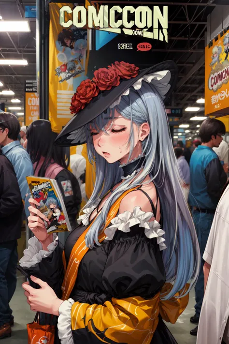 masterpiece,best quality,1girl,mature female,virgilia,[silver hair|light blue hair],long hair,bangs,closed eyes,hat,frills,choker,sash,surprised,sweatdrop,paper bag,((comic con)),from side,<lora:umi_virgilia:0.8>,