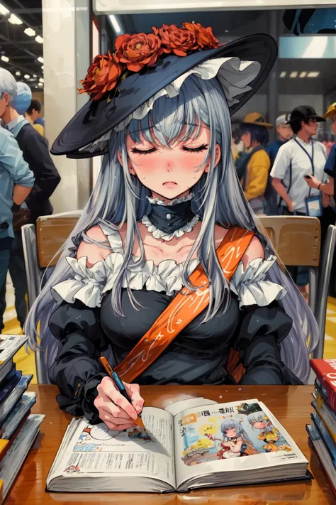 masterpiece,best quality,1girl,mature female,virgilia,[silver hair|light blue hair],long hair,bangs,closed eyes,hat,frills,choker,sash,sitting,table,manga \(object\) on table,stacked magazines,surprised,sweatdrop,((comic con)),<lora:umi_virgilia:0.8>,