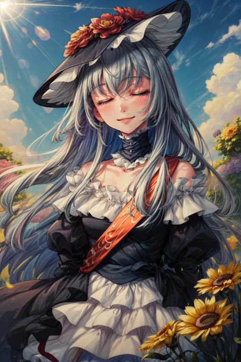 masterpiece,best quality,1girl,virgilia,[silver hair|light blue hair],long hair,bangs,closed eyes,hat,frills,choker,sash,long dress,frilled dress,hat flower,[light smile],garden,blue sky,sunlight,<lora:umi_virgilia:0.8>,<lora:Concept-control tool-add_detail-CyberAIchemist:1>,