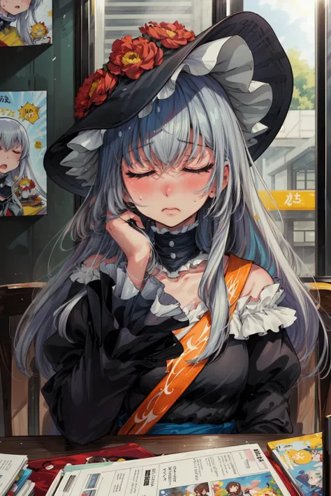 masterpiece,best quality,1girl,mature female,virgilia,[silver hair|light blue hair],long hair,bangs,closed eyes,hat,frills,choker,sash,sitting,upper body,table,manga \(object\) on table,surprised,sweatdrop,(comic con),<lora:umi_virgilia:0.8>,