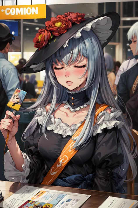 masterpiece,best quality,1girl,mature female,virgilia,[silver hair|light blue hair],long hair,bangs,closed eyes,hat,frills,choker,sash,sitting,upper body,table,manga \(object\) on table,surprised,sweatdrop,(comic con),<lora:umi_virgilia:0.8>,