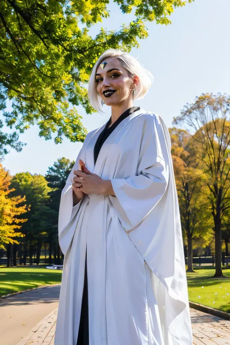 Witdim, white pointy hair, black eyes, (forehead jewel), eyeliner, black lipstick,white robes, earrings, looking at viewer, smiling, standing, medium shot, outside, park, trees, winter, blue sky, high quality, masterpiece, <lora:whitediamond:.8>