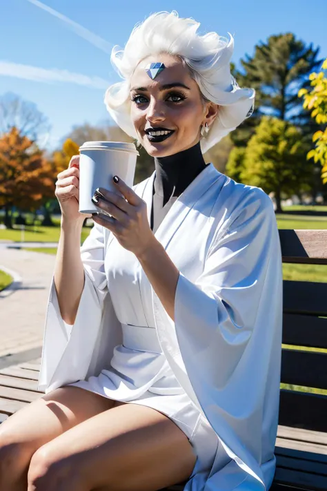 Witdim, white pointy hair, black eyes, (forehead jewel), eyeliner, black lipstick, white robes, cape, earrings, looking at viewer, serious, smiling, sitting, on bench, holding coffee cup, outside, park, trees, winter, blue sky, high quality, masterpiece, <lora:whitediamond:.8>