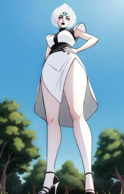 <lora:SU-whitediamond-10SSV9-v2:0.8> witdim, giant woman standing on grass and look on viewer, legs, hands on waist,heeled shoes, dissatisfied expression, white gray skirt,black makeup, black eyes, eyelashes, diamond in forehead jewel, white hair, white pale skin,grass glade, sky,( view from below:1.1), semi-realistic, <lora:GTS:0.35> gts, trees background, inside of the (skirt:1.1)
