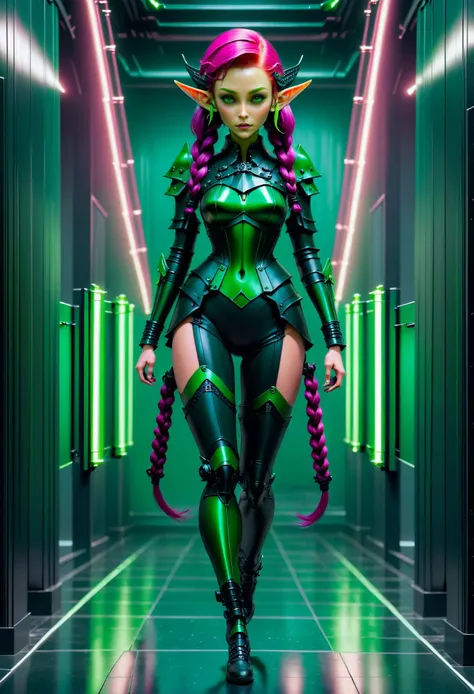 welcoming, 1girl, forgemaster, elf, muted forest green hair, Victory Rolls, (full body:1), [:outlandish costume design:0.2], caucasian, in a dieselpunk cathedral, in front of a imaginary dimensional portal, bombshell hair, pink hair, very long hair,Double Dutch Braids, w arms